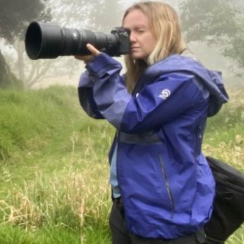 A woman in a purple rain coat holds a large camera looking through the lens. She is in a grassy area and the air is heavy with fog. Some trees can be seen in the fog behind her. 