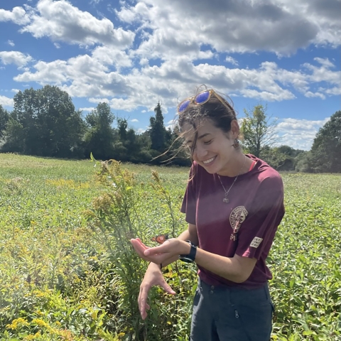 Image of woman in field holding butterfly