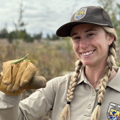 Female park ranger holding a mantis