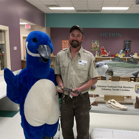 Sam Pollock with Puddles the Goose and Flea the American Alligator