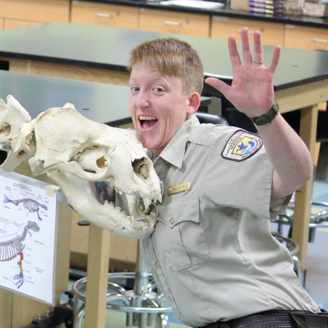 Woman in USFWS uniform with skull of sea lion. 