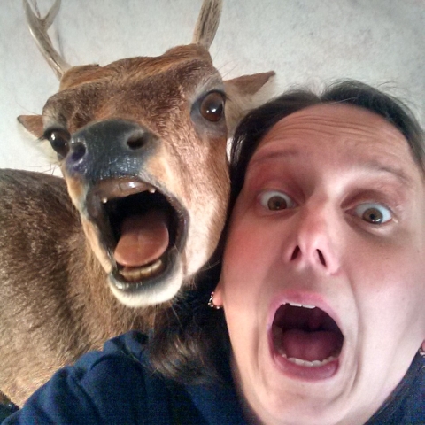 Woman and deer mount in photo
