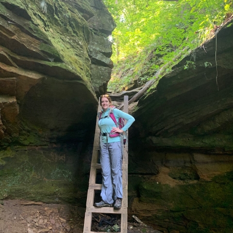 Picture of Administrative Support Assistant, Renea Vogel, while hiking in Shades State Park..