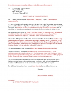This is an image of the first page of the template for the Project Review Request letter that is to be submitted during the Project Review Process if any ESA Section 7 determinations (aside from northern long-eared bat) are Likely to Adversely Affect or if your project is a wind energy project.