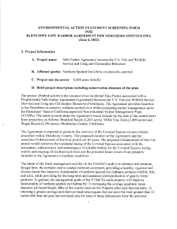Environmental Action Statement Screening Form for Blencowe Safe Harbor Agreement for Nothern Spotted Owl (June 6, 2022)