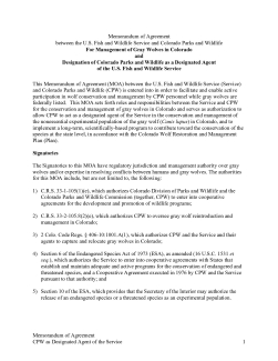 Memorandum of Agreement between the U.S. Fish and Wildlife Service and Colorado Parks and Wildlife For Management of Gray Wolves in Colorado