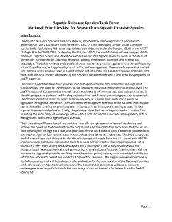Aquatic Nuisance Species Task Force National Priorities List for Research on Aquatic Invasive Species