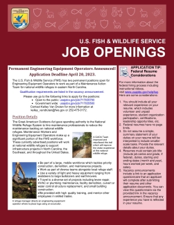 US Fish and Wildlife Service Job Openings- Permanent Engineering Equipment Operators in eastern North Carolina