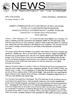 Babbitt Commemorates 30th Anniversy of Wild and Scenic Rivers Act Water Testing Protected River; Announces Project to Further Protect Lamprey River Fish October 2, 1998