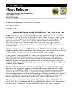 Finalized Public Access Plan for Wapato Lake NWR News Release