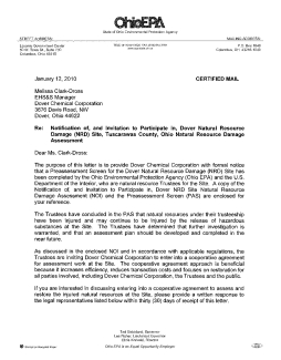 Notification of, and Invitation to Participate in Natural Resource Damage Assessment and Preassessment Screen and Determination for Natural Resources Damages Related to Releases from the Dover Chemical Site, Tuscarawas, Ohio