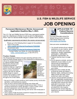 US Fish and Wildlife Service Job Openings- Permanent Maintenance Worker in eastern North Carolina