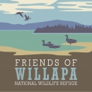 A logo with mountains and water with birds in shades of blue and brown. The words "Friends of Willapa National Wildlife Refuge" are visible.