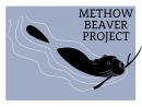 A stylized beaver swimming with a stick in its mouth, seen from above