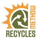 Outline of a spiky sun with a green center with 3 white arrows, graphically evoking "reduce, re-use, recycle"