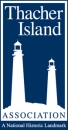 Thacher Island Association logo: a blue rectangular logo with a white border and white silhouettes of two lighthouses in the center. "A National Historical Landmark" is written at the bottom.