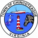 A bird, lighthouse, pony and boat surrounded by the words Town of Chincoteague Virginia