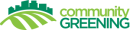 A leaf and city with green text that reads "Community Greening"