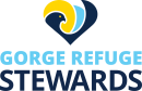 Logo with a yellow sun and two-toned blue waves that make up the shape of a heart altogether and a bird with one wing open and a yellow eye, with text, the Gorge Refuge Stewards