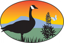 Logo of Friends of the Willamette Valley National Wildlife Refuge Complex, with a Canada goose, plant, butterfly and mountains at sunset.