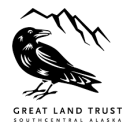 a black and white logo with a raven and mountains