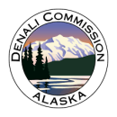 a round logo reading Denali Commission Alaska with mountains, trees and river inside