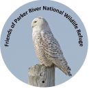 Circular photo with a snowy owl sitting on a post. Text reading "Friends of Parker River National Wildlife Refuge" is on top