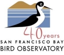 logo with a shorebird, water, and mountains with text, 40 Years San Francisco Bay Bird Observatory
