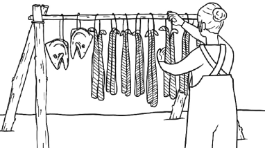 A black and white line drawing of a woman hanging salmon to dry. In the foreground a person is cutting salmon fillets. 