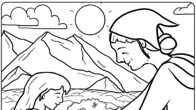 A black and white line drawing of a woman handing her daughter berries she picked. There are mountains in the background and the sun shines bright in the sky.