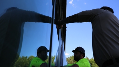 Facility personnel installing bird friendly window decals