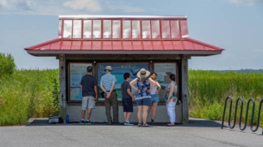 Visitors at Blackwater National Wildlife Refuge view information at a kiosk