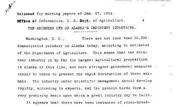 The Reindeer One of Alaska's Important Industries January 27, 1914