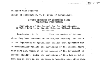 Spring Shooting of Migratory Birds Absolutely Prohibited January 27, 1914