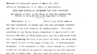 Bird More Economical of Energy Than Aeroplane March 23, 1915
