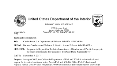 Response to Request for Technical Assistance – Distribution of Pacific Lamprey in the reach immediately downstream of Iron Gate Dam, Klamath River