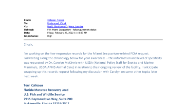 20220225 111000_FW_ Miami Seaquarium - followup_current status_Redacted.pdf
