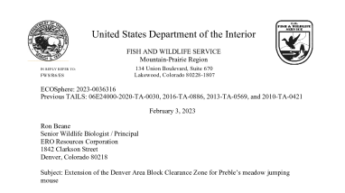 Denver Metro City-Wide Block Clearance Renewal and Expansion for the Preble's meadow jumping mouse