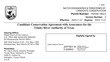 Candidate conservation agreement with assurances for the Trinity River Authority of Texas permit