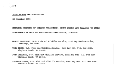 Final report behavior response of greater yellowlegs, showy egrets and mallards to human disturbance at Back Bay National Wildlife Refuge, Virginia