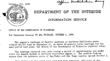 The season's landings of Pacific sardines at Northern California ports totaled 82,715 tons by Sept. 16, or about 22 per cent below last year's catch