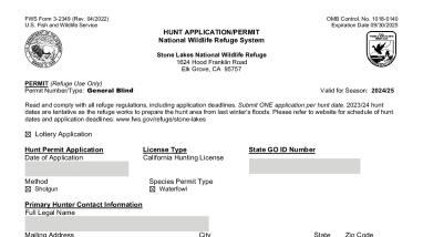Stone Lakes NWR 2024 General Blind Hunt Application