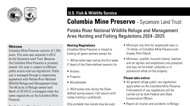 Columbia Mine Preserve - Sycamore Land Trust, Patoka River National Wildlife Refuge and Management Area Hunting and Fishing Regulations 2024–2025