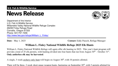 2025 William L Finley Elk Hunt Information and Application