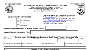 3-200-77 Application Form Native American Eagle Take for Religious Purposes