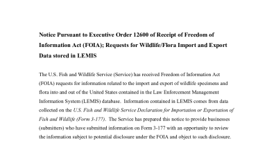 Notice Pursuant to Executive Order 12600 of Receipt of Freedom of Information Act (FOIA); Requests for Wildlife/Flora Import and Export Data stored in LEMIS