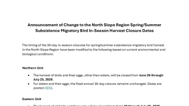 Announcement of Change to the North Slope Region Spring/Summer Subsistence Migratory Bird In-Season Harvest Closure Dates
