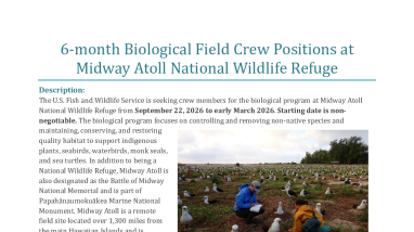 6-month Biological Field Crew Positions at Midway Atoll National Wildlife Refuge