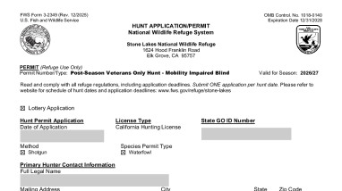 Hunt Application SLNWR 2026 Post-Season Veteran Only Hunt Mobility Impaired Blind