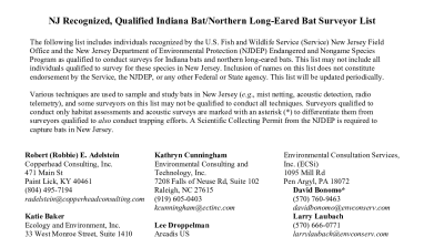 New Jersey Recognized, Qualified Indiana Bat/Northern Long-Eared Bat Surveyor List